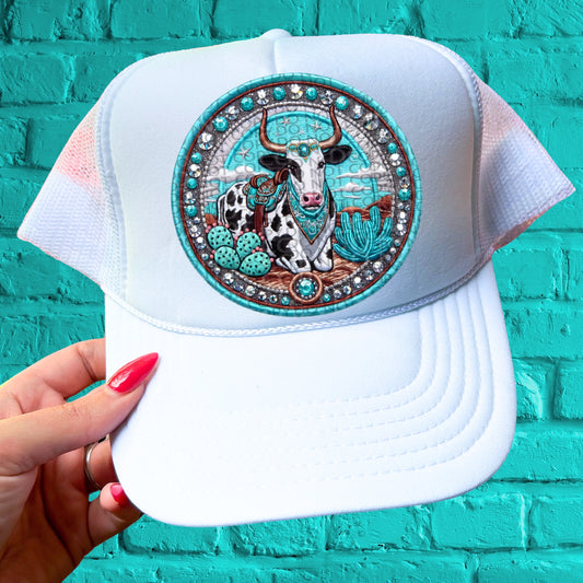 Round Turquoise Cow Hat Patch DTF Transfer