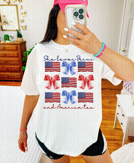 She Loves Jesus And America Too Bow And Flag Icons DTF Transfer