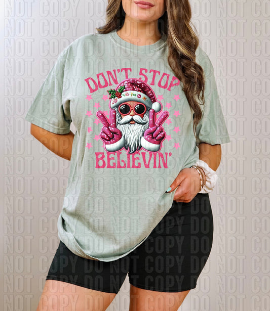 Don't Stop Believing Sequined Santa Pink Font DTF Transfer