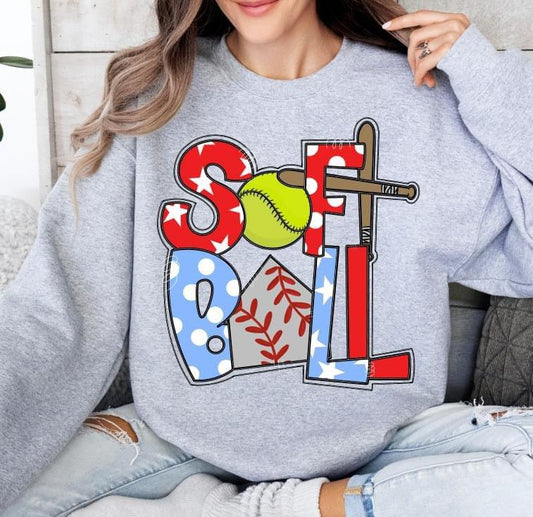 Softball Doodle Red Columbia Blue DTF Transfer