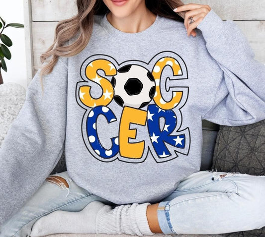Soccer Doodle Gold Royal Blue DTF Transfer