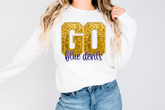 Go Blue Devils Gold/Blue Sequined Faux Embroidery DTF Transfer