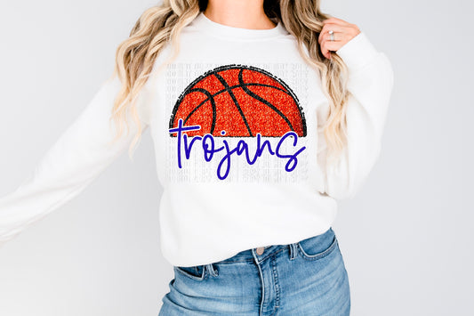 Trojans Royal Blue/White Half Basketball Sequined Faux DTF Transfer
