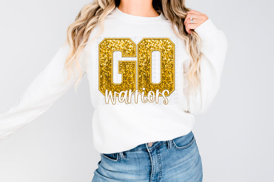 Go Warriors Gold Sequined Faux Embroidery DTF Transfer