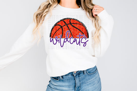 Wildcats Purple/White Half Basketball Sequined Faux DTF Transfer