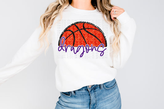 Dragons Purple/White Half Basketball Sequined Faux DTF Transfer