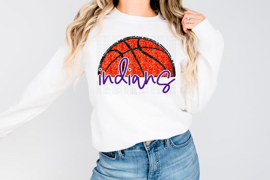 Indians Purple/White Half Basketball Sequined Faux DTF Transfer