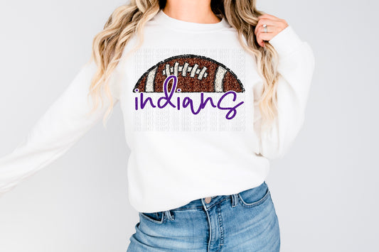 Indians Purple/White Half Football Sequined Faux DTF Transfer