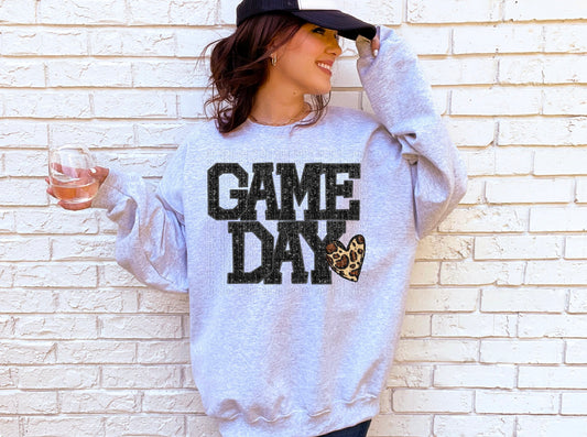 Game Day Black Bling With Leopard Heart Embroidered Faux DTF Transfer