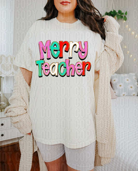 Merry Teacher Colorful Gold Glitz DTF Transfer