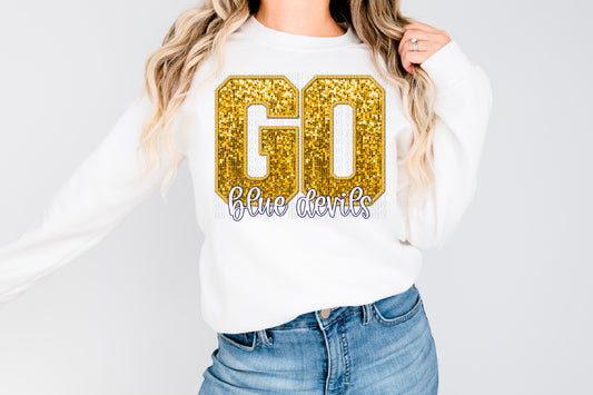 Go Blue Devils White/Navy Sequined Faux Embroidery DTF Transfer