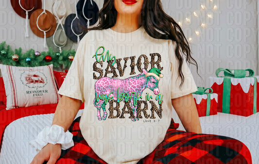 My Savior Was Born In A Barn Pink DTF Transfer