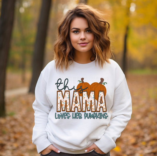 This Mama Loves Her Pumpkins Embroidery Faux DTF Transfer