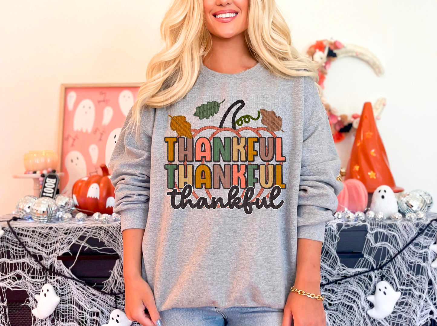 Thankful Thankful Thankful Pumpkin Faux Embroidery DTF Transfer