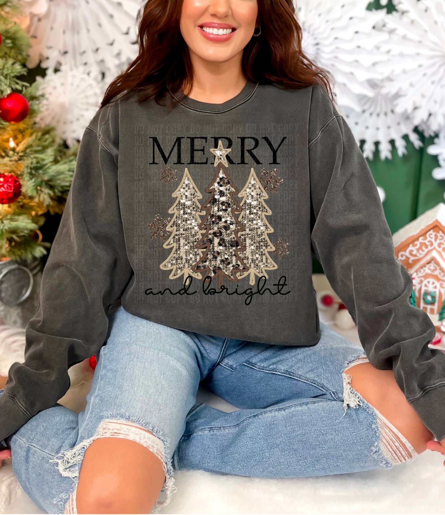 Merry And Bright Trees Sequined Faux DTF Transfer