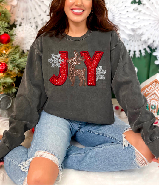 Joy Reindeer Embroidery Faux DTF Transfer