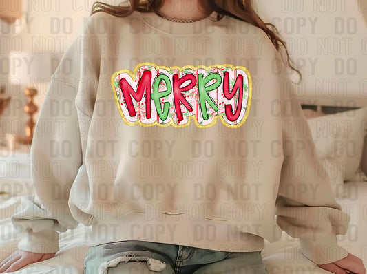 Merry Doodle Holly Bows Glitter Outline DTF Transfer