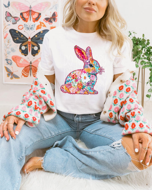 Floral Faux Embroidery Bunny DTF Transfer