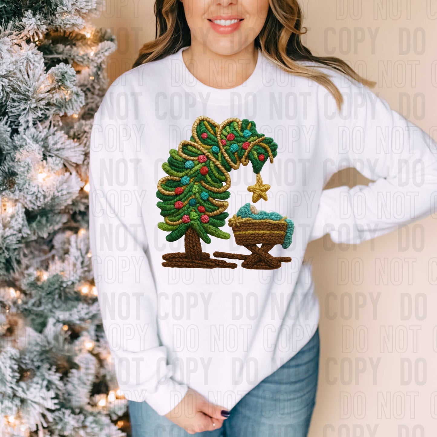 Curved Christmas Tree & Manger Yarn Faux DTF Transfer