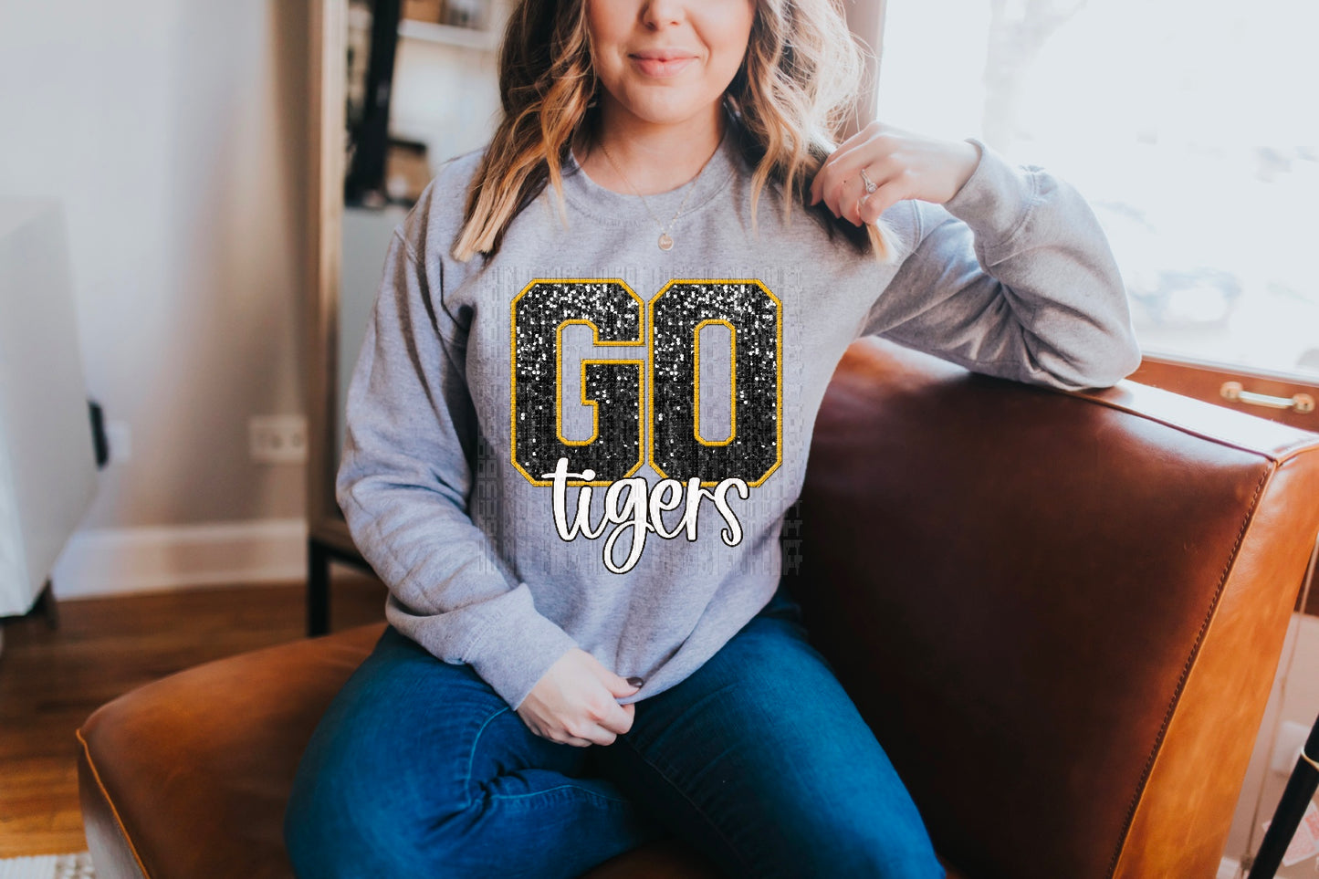 Go Tigers Black/Yellow Sequined Faux Embroidery DTF Transfer