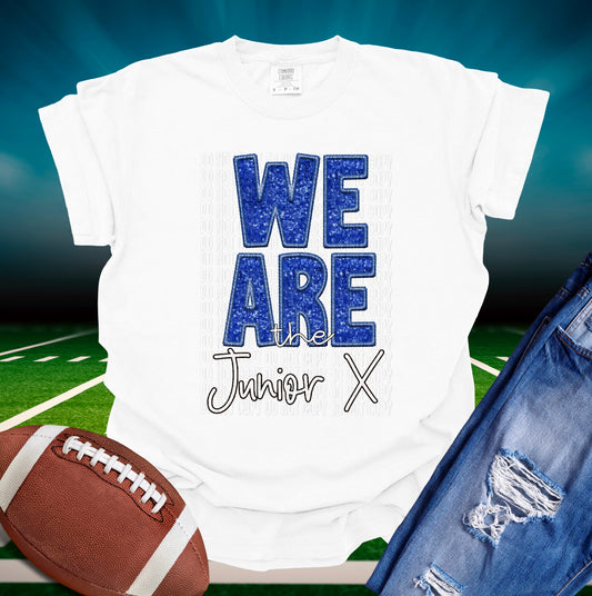 We Are The Junior X Royal Blue Sequined Faux Embroidery DTF Transfer