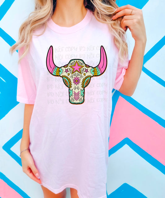 Colorful Bull Skull DTF Transfer