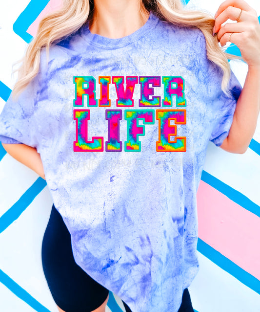River Life Tie Dyed Faux Embroidery DTF Transfer