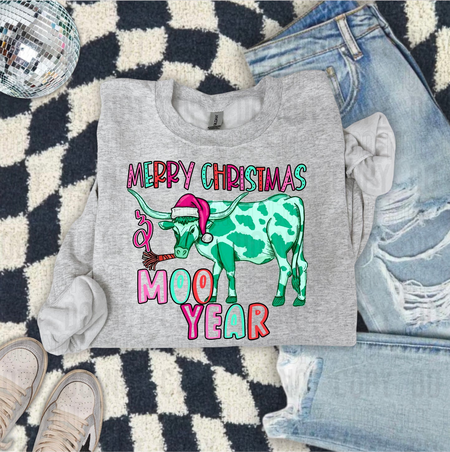 Merry Christmas Moo Year Green DTF Transfer