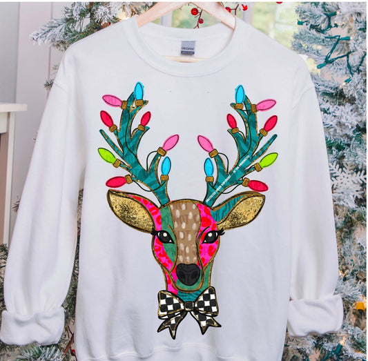 Colorful Reindeer With Checkered Bow DTF Transfer