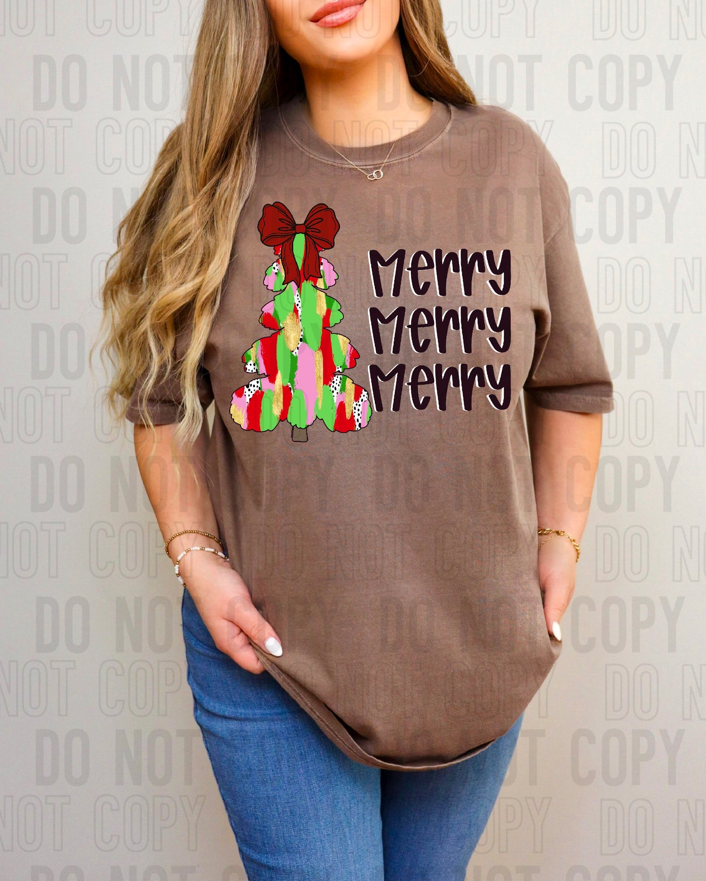 Merry Stacked Tree Bow Pink Brushstroke DTF Transfer