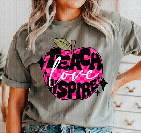 Teach Love Inspire Checkered Apple Hot Pink DTF Transfer