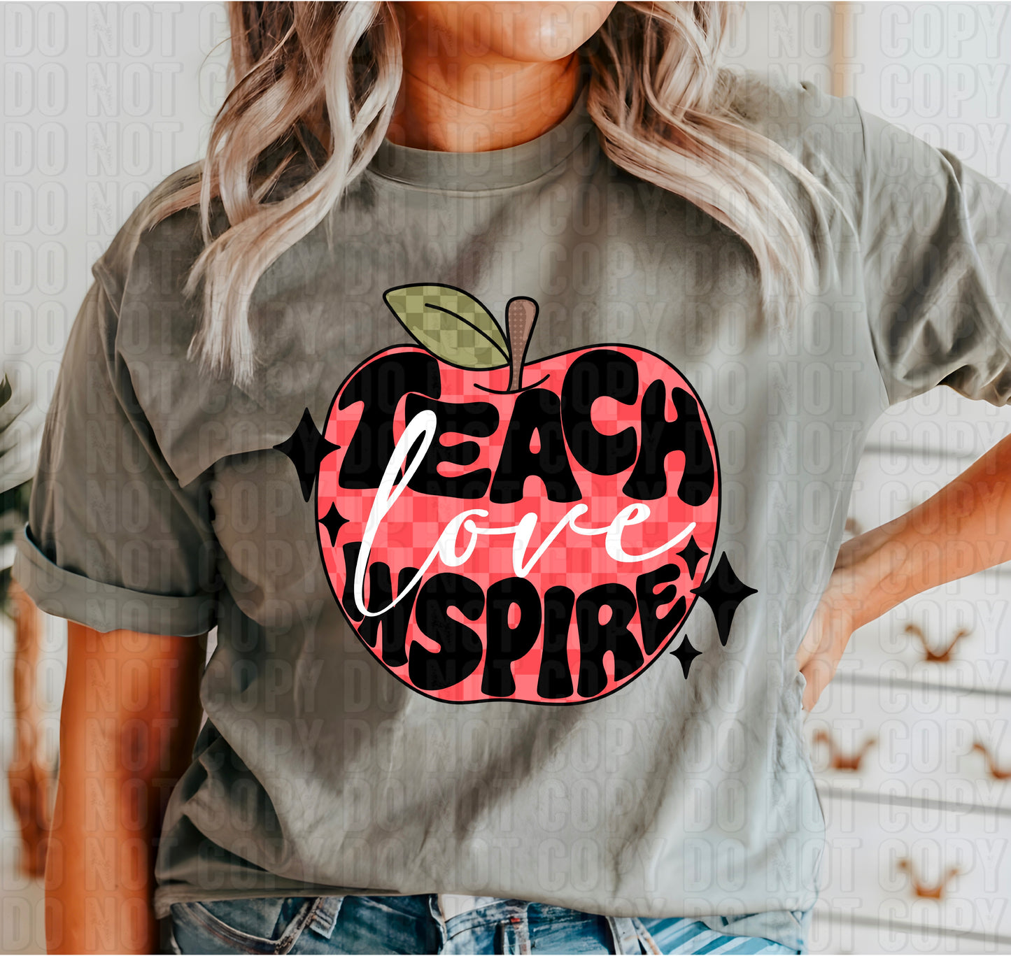 Teach Love Inspire Checkered Apple Blush Pink DTF Transfer