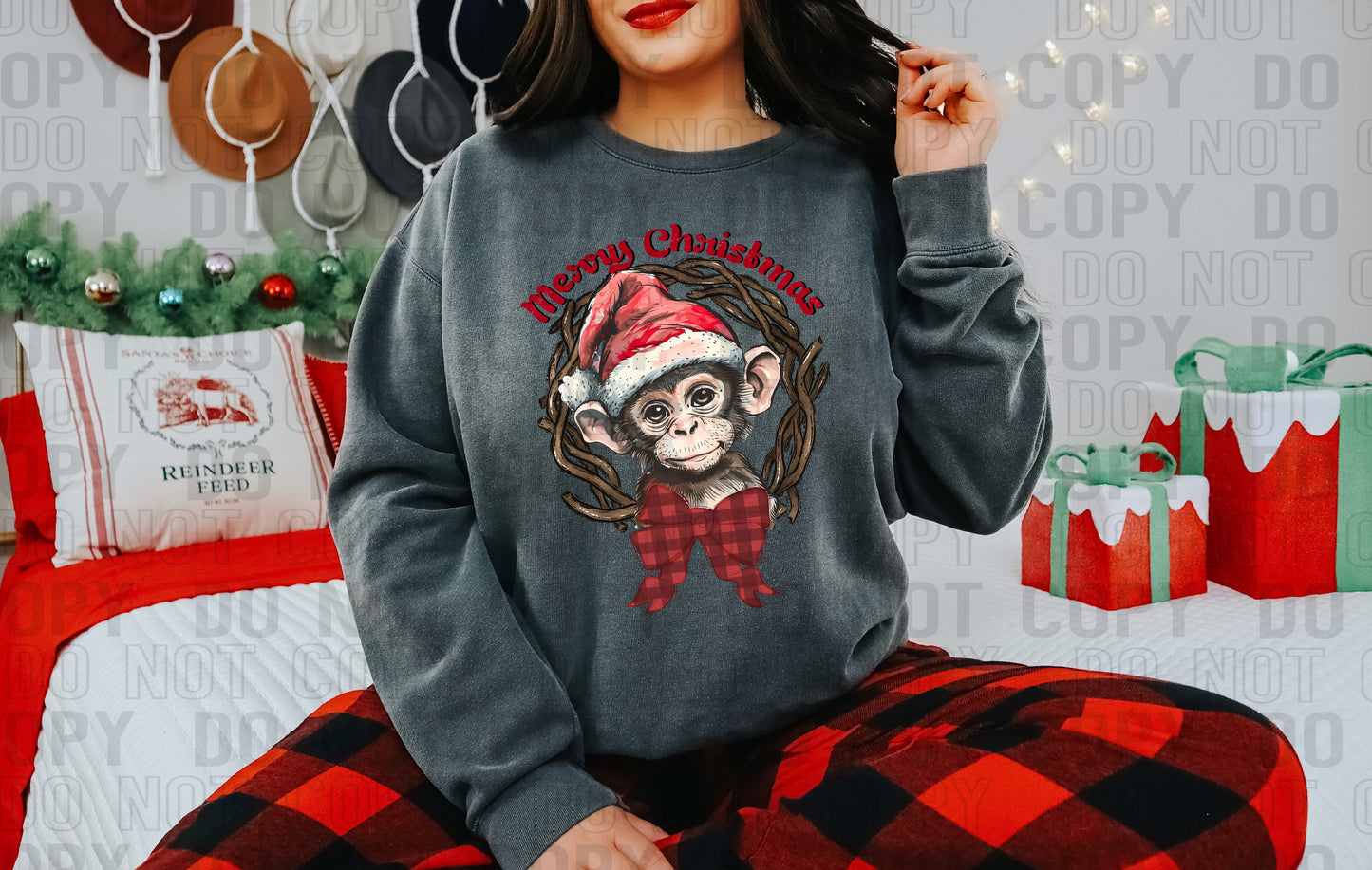 Merry Christmas Monkey Wreath DTF Transfer