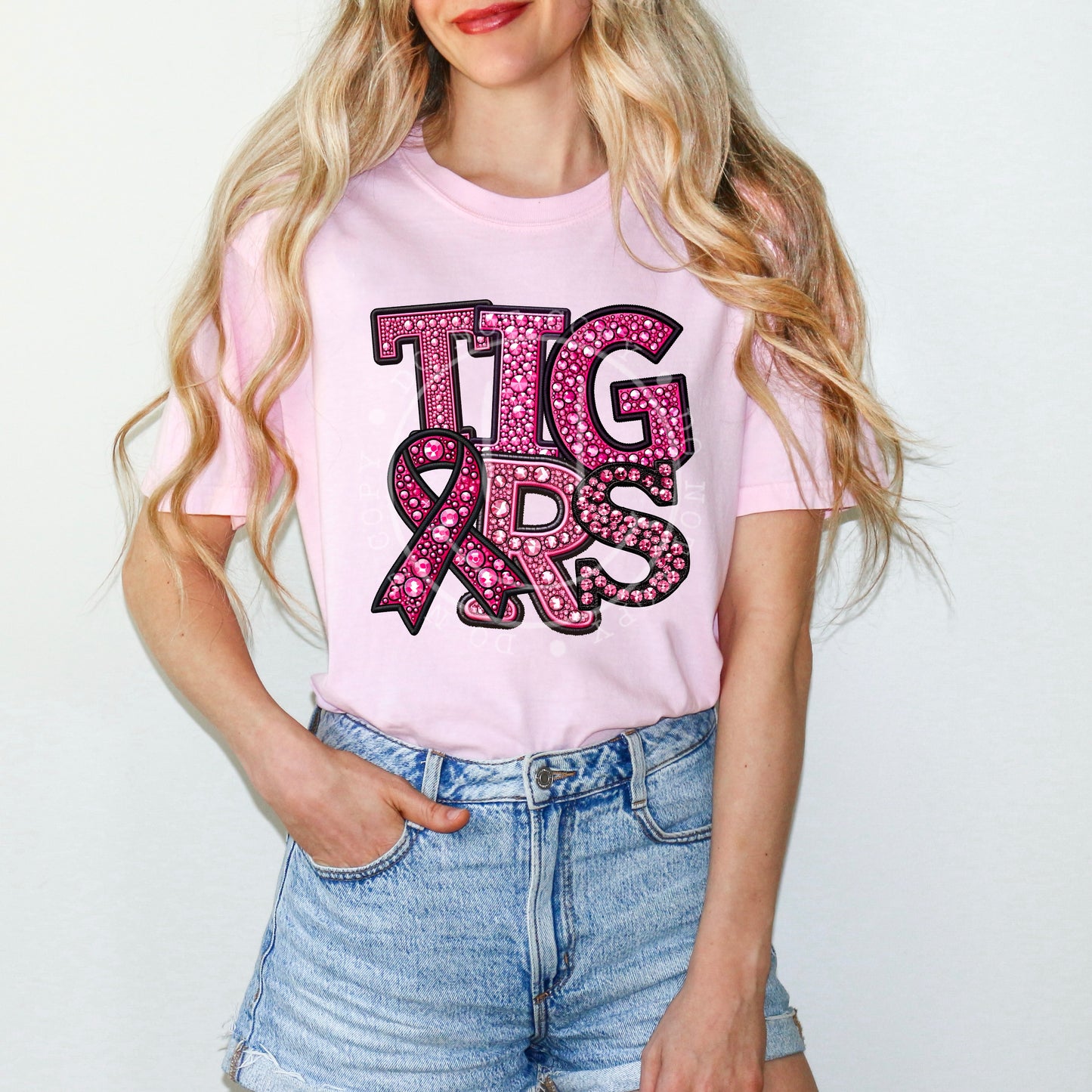 Tigers Mascot Pink Ribbon Rhinestones DTF Transfer