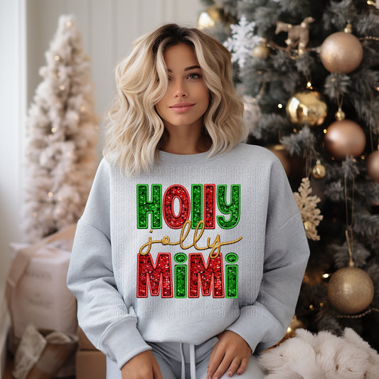 Holly Jolly Mimi Embroidery Sequin Faux DTF Transfer