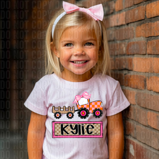 Girl Checkered Tractor With Name Plate Personalized DTF Transfer