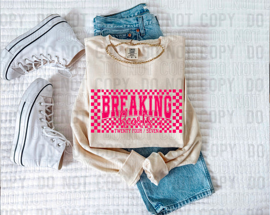 Breaking Hearts Pink Font DTF Transfer