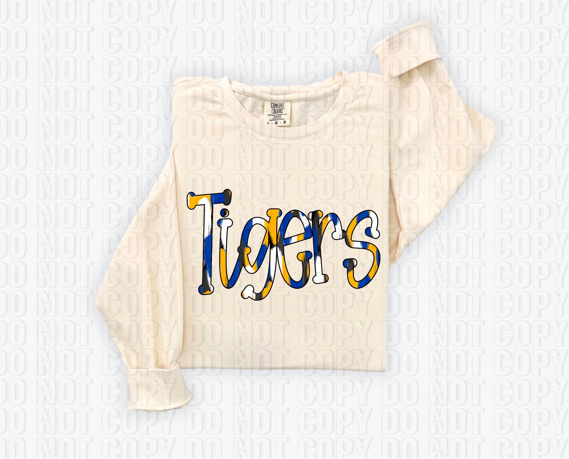 Tigers Funky Spotted Serif Mascot Royal Blue/Yellow Gold DTF Transfer