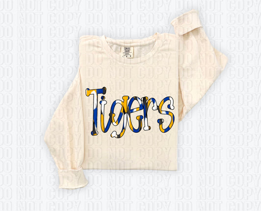Tigers Funky Spotted Serif Mascot Royal Blue/Yellow Gold DTF Transfer