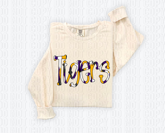 Tigers Funky Spotted Serif Mascot Purple/Yellow Gold DTF Transfer