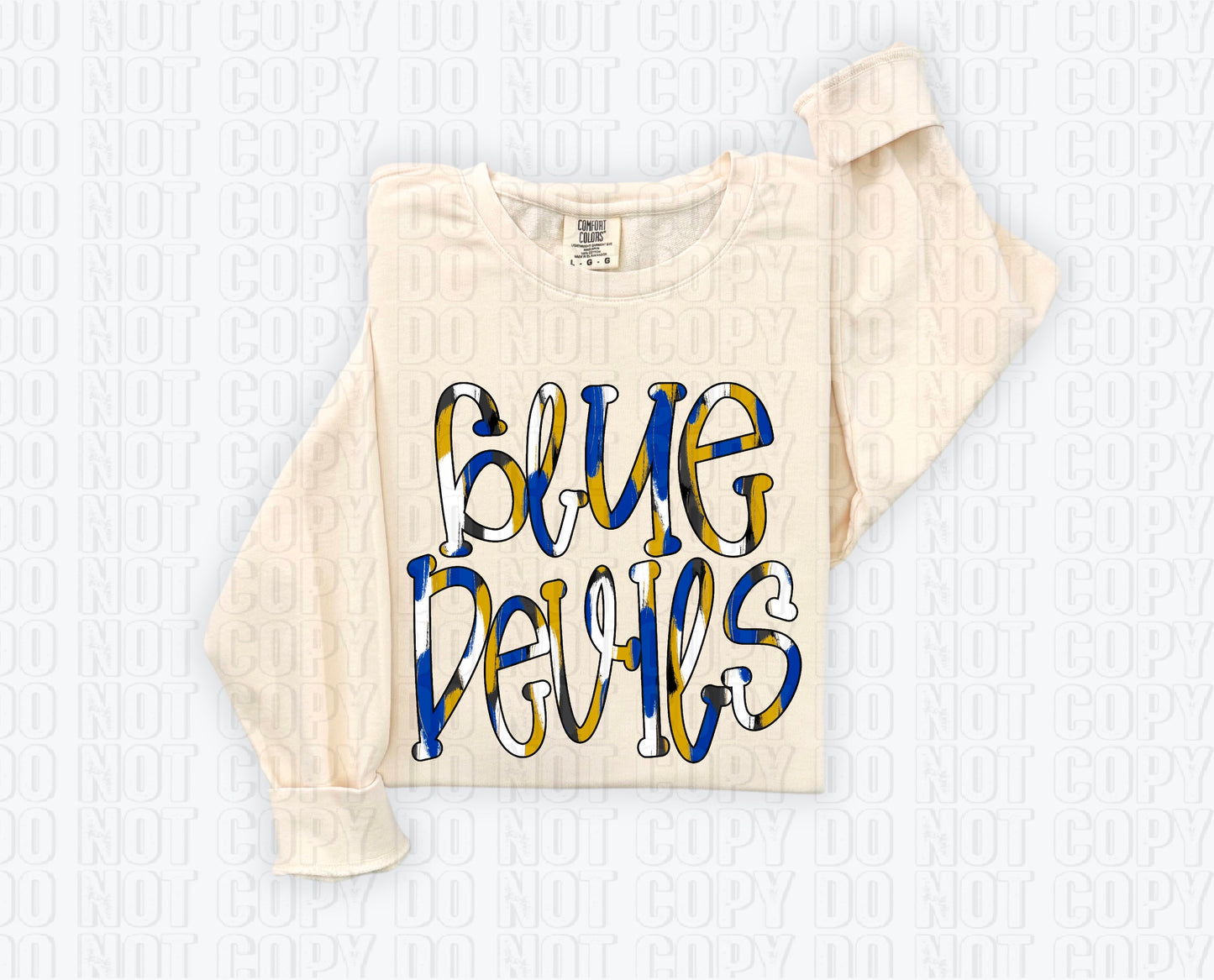 Blue Devils Funky Spotted Serif Mascot Blue/Vegas Gold DTF Transfer