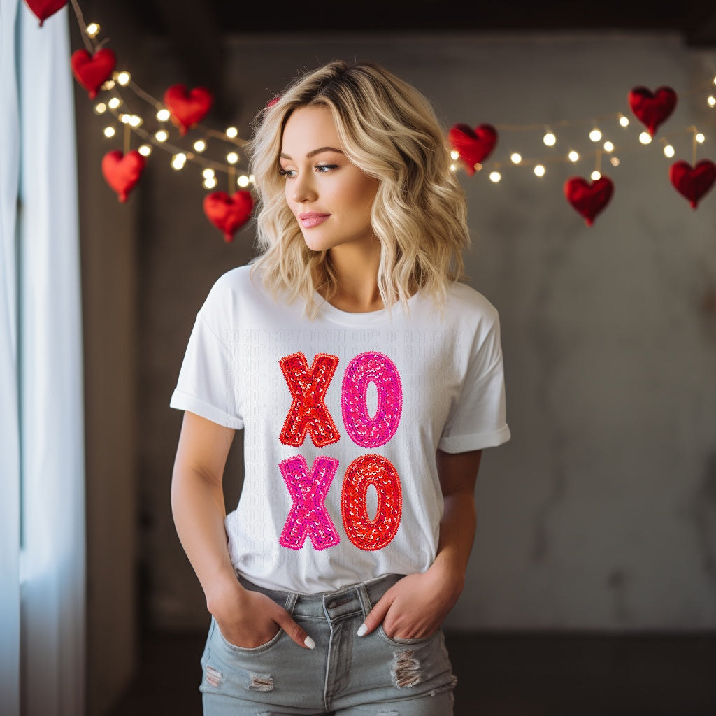 XOXO Red/Pink Sequined Embroidery Faux DTF Transfer