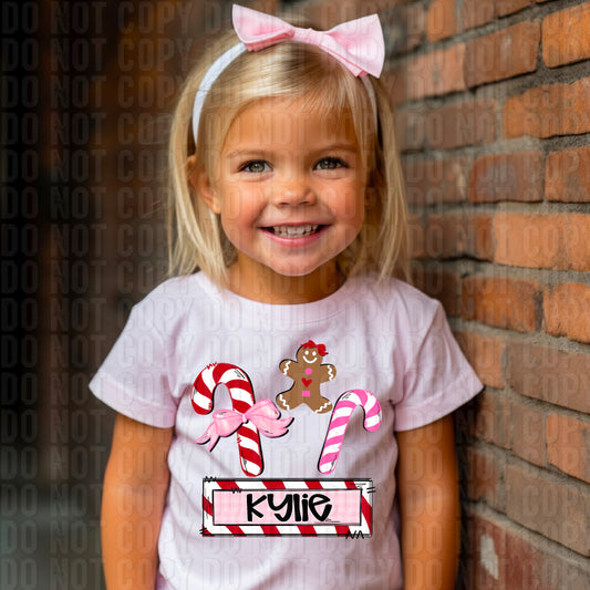 Gingerbead & Candy Canes (Girl) With Name Plate Personalized DTF Transfer