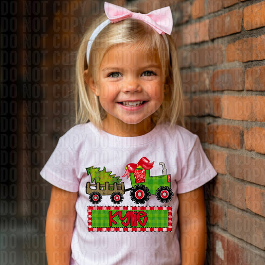 Tractor With Christmas Tree In Wagon (Girl) With Name Plate Personalized DTF Transfer