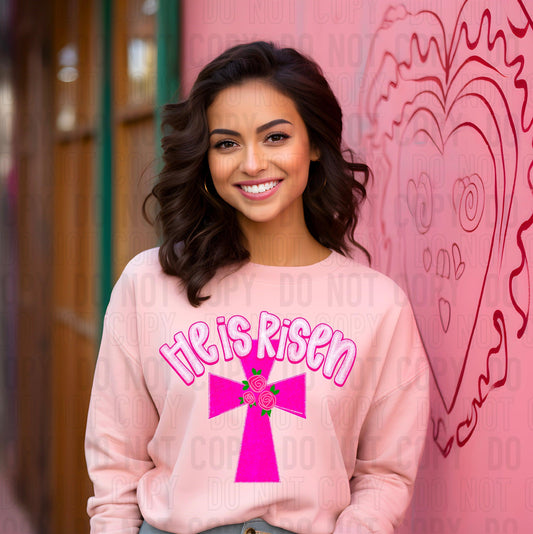 He Is Risen Pink Glitz DTF Transfer
