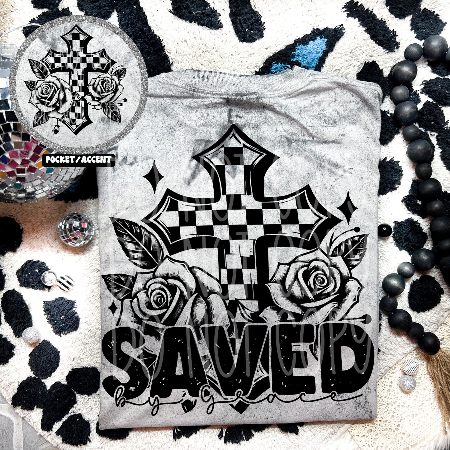 Saved By Grace Checkered Cross Front/Back DTF Transfer