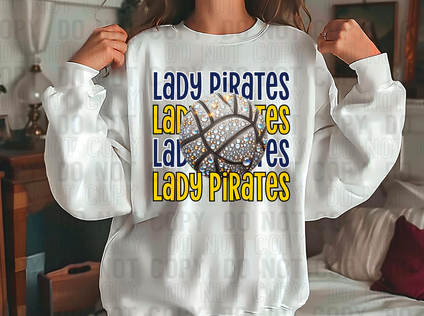 Lady Pirates Rhinestone Volleyball Navy Blue Yellow Gold DTF Transfer