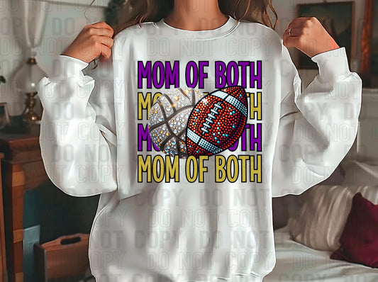 Mom Of Both Rhinestone Football Volleyball Purple Vegas Gold DTF Transfer