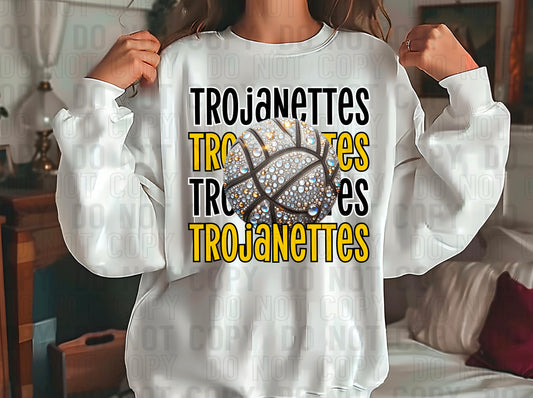 Trojanettes Rhinestone Volleyball Black Yellow DTF Transfer