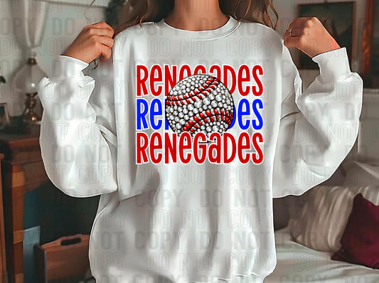 Renegades Rhinestone Baseball Red Royal Blue DTF Transfer